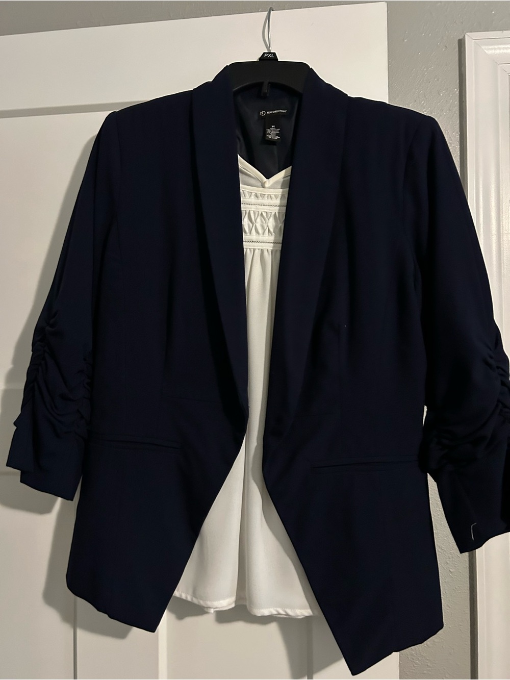 new directions Navy Open-Front Ruched-Sleeve Blazer with skirt set